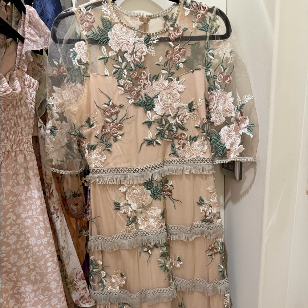 Just Me Floral Embroidered Midi Dress - Cream and Green